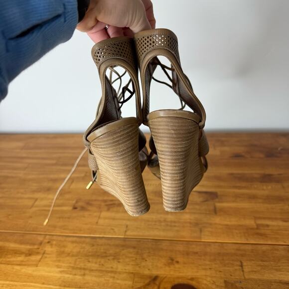 Derek Lam Brooklyn Tan Leather Perforated Lace Up Wedge Heels Sandals Size 8.5 - Picture 5 of 6